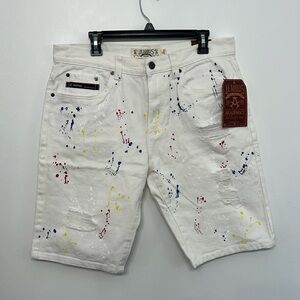 Mens Jenius Akademiks White Denim Shorts with Paint Splatters Size 34